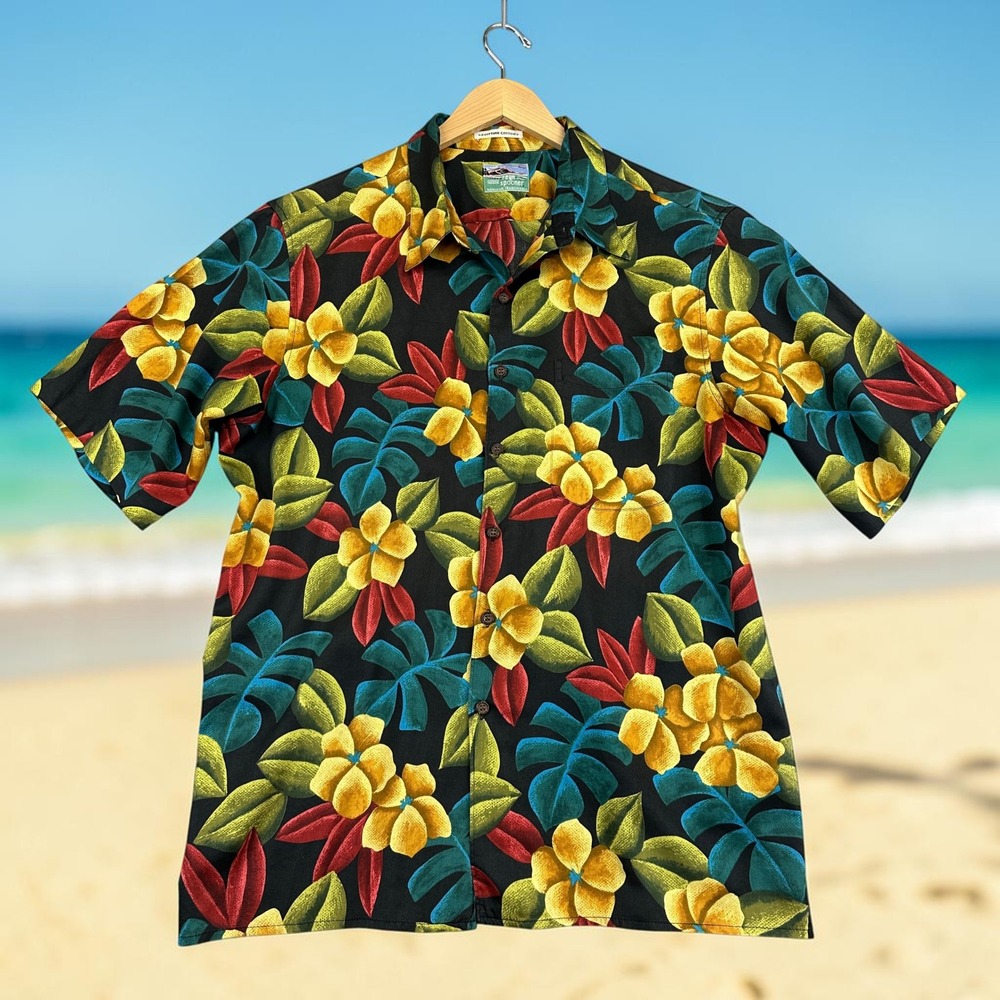 Vintage Reyn Spooner Hawaiian Aloha Shirt Mens L Black Floral Egyptian Cotton